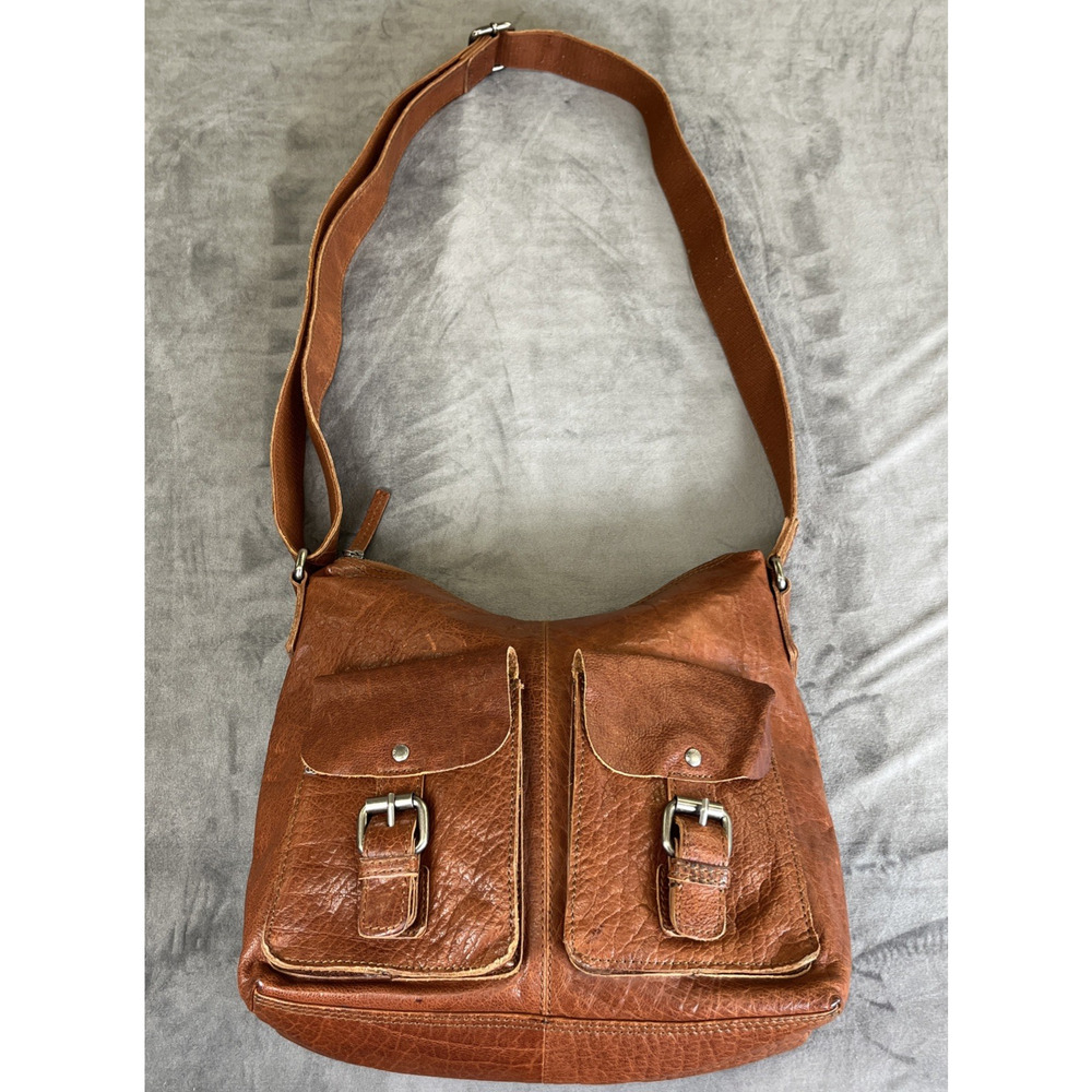 SPIKES & SPARROWS Brown Leather Crossbody Messenger Bag Big Front Pockets Chrty